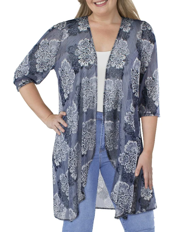 Plus Womens Mesh Printed Duster Blazer