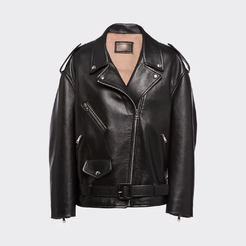 black women's lambskin leather biker jacket