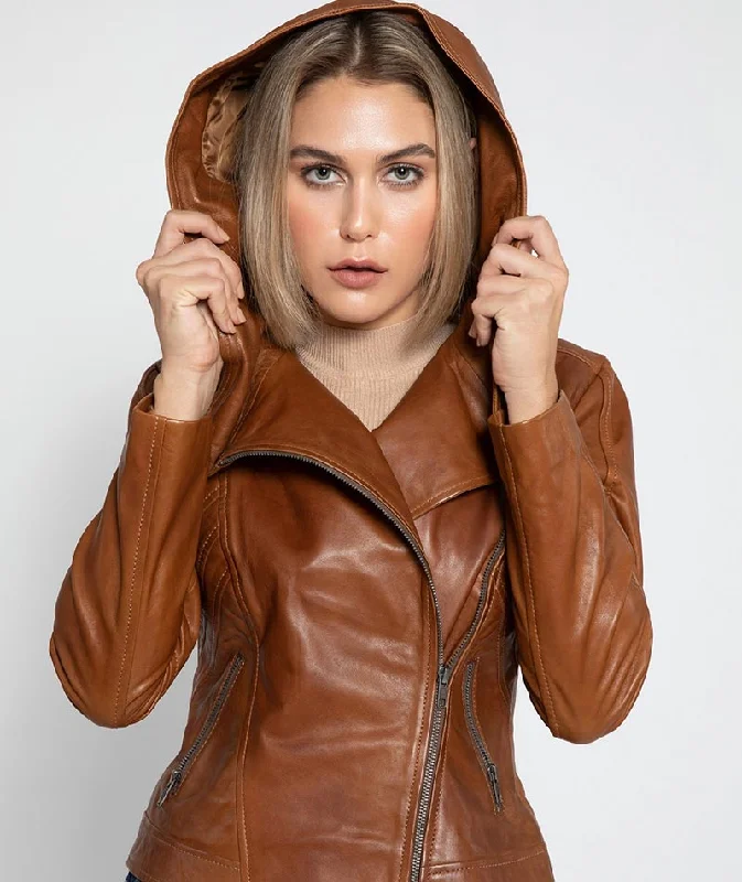 Womens Asymmetrical Motorcycle Leather Jacket with Hood