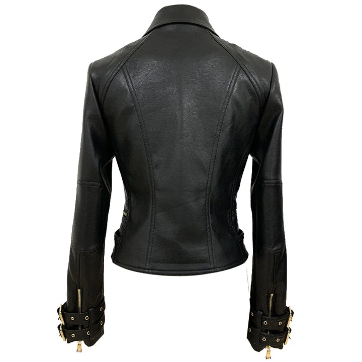 Designer Women's Lion Button Leather Biker Jacket