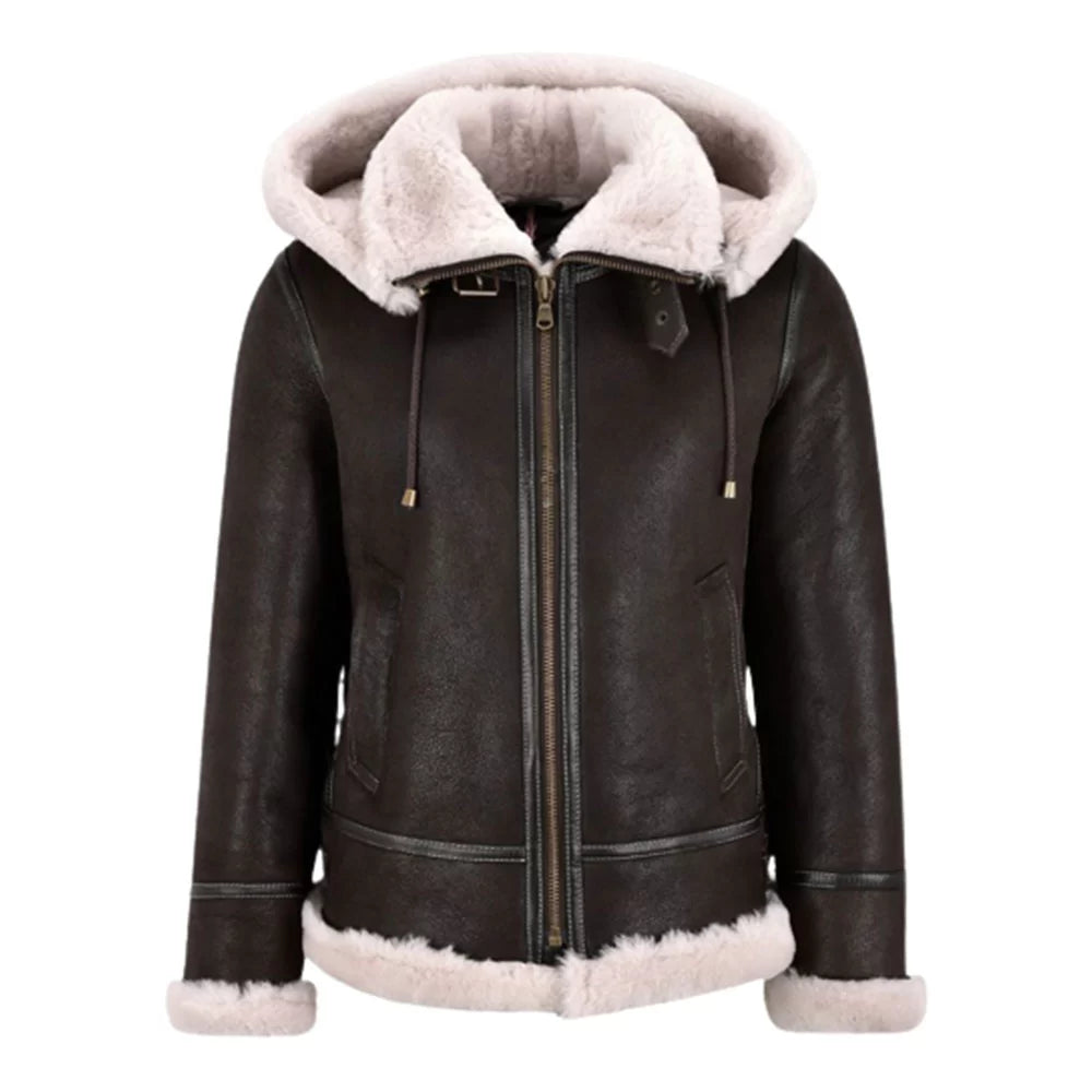 Women’s B3 Brown Bomber Fur Shearling Leather Jacket With Hood