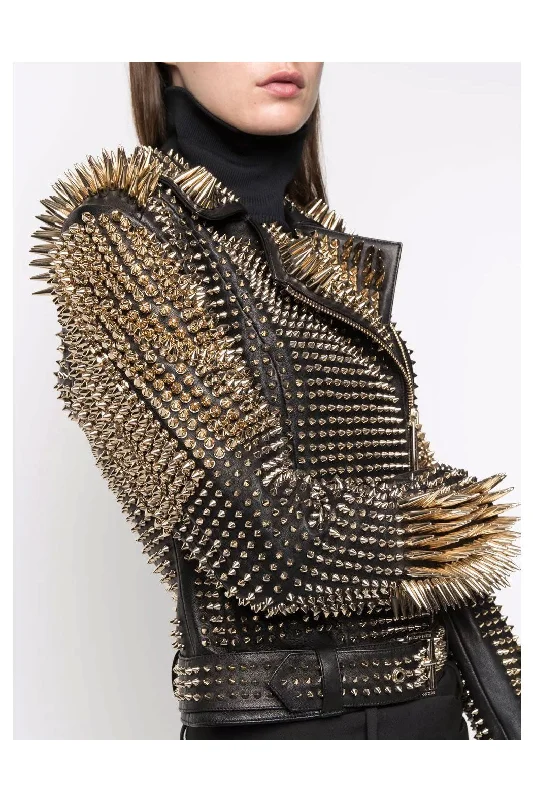 Women Black Punk Silver Long Spiked Studded Leather Biker Jacket