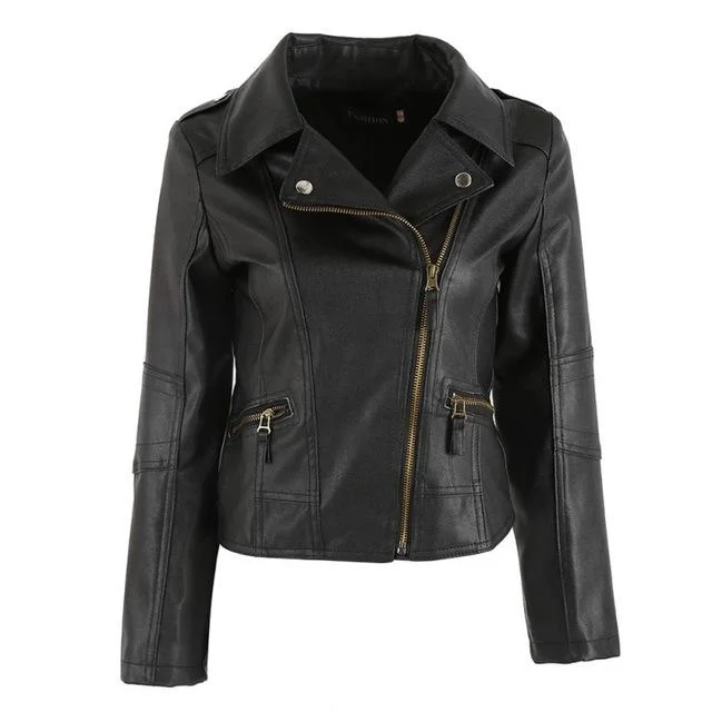 Women PU Leather Jacket Slim Motorcycle Zipper