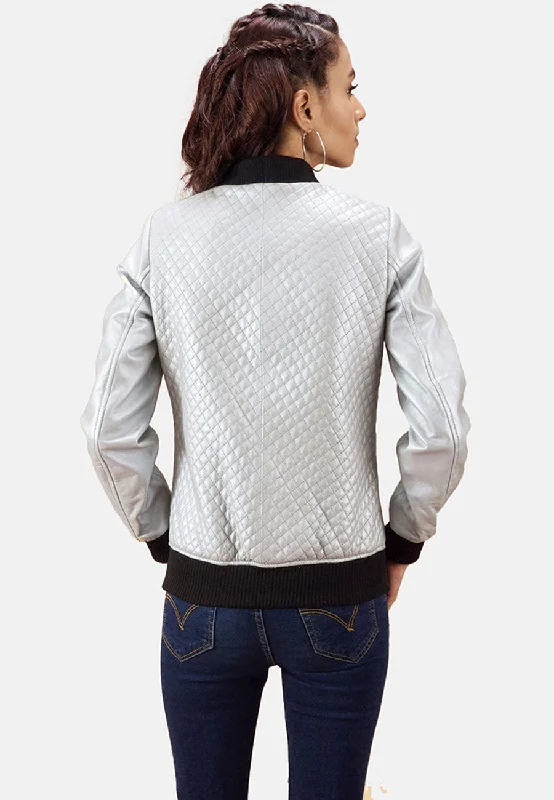 Women's White Leather Bomber Jacket