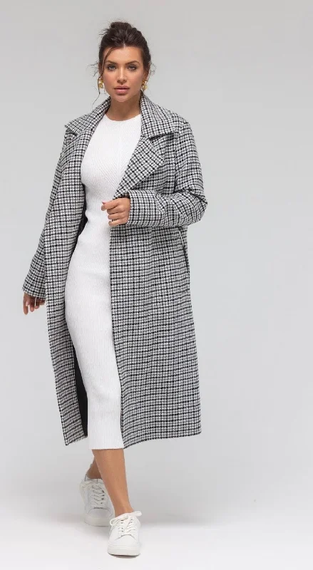 Houndstooth Wool Mix Belted Coat