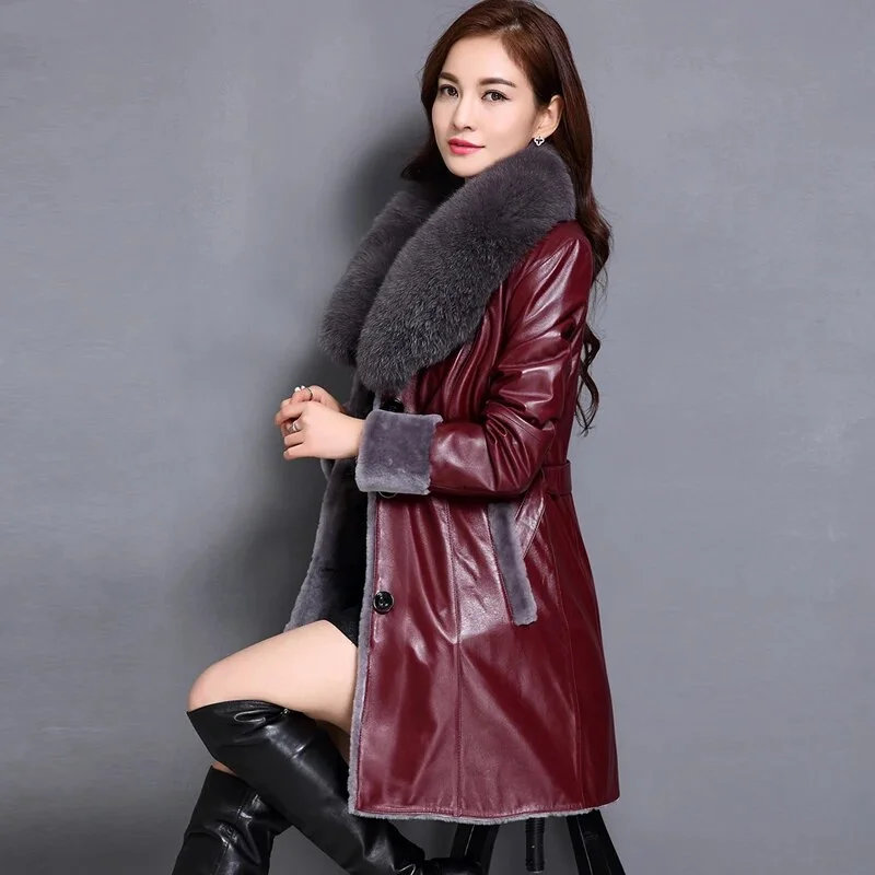 Genuine Leather Coat Real Fur Shearling Fox Fur Collar