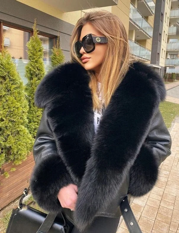 Genuine Leather Coats Real Fur Collar And Cuff