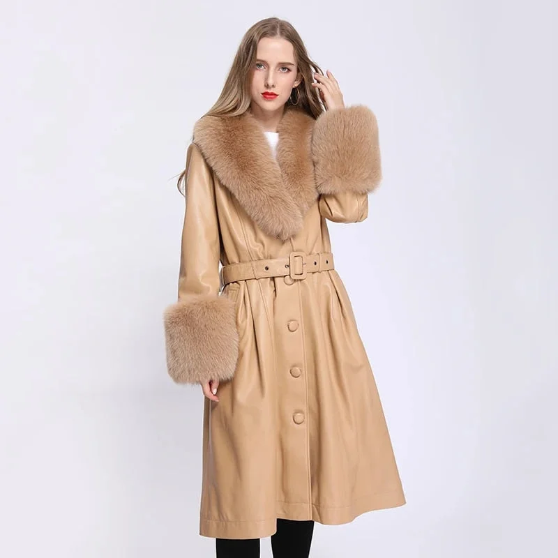 Genuine Leather Trench Coats Real Fur Collar & Cuffs