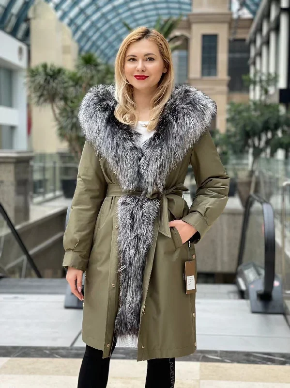 Genuine Silver Fox Fur Trim Rabbit Fur Insulated Parka