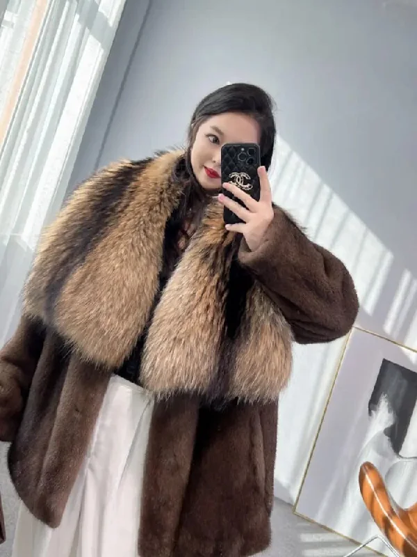 Luxury Real Mink Fur Coat Huge Fox Fur Collar