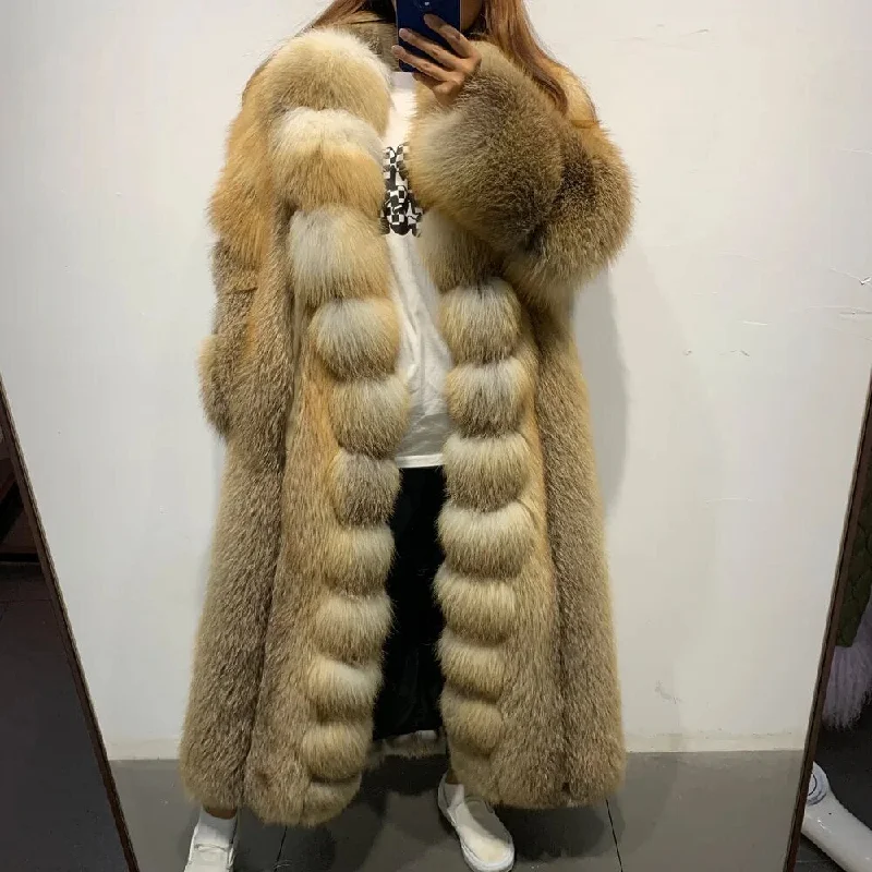 Stripe Big Collar X-Long Real Fox Fur Coat