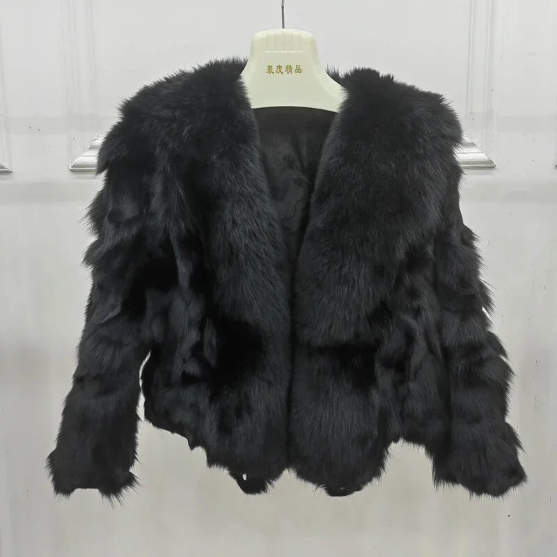 Short Fluffy Natural  Big Collar Fox Fur Coats