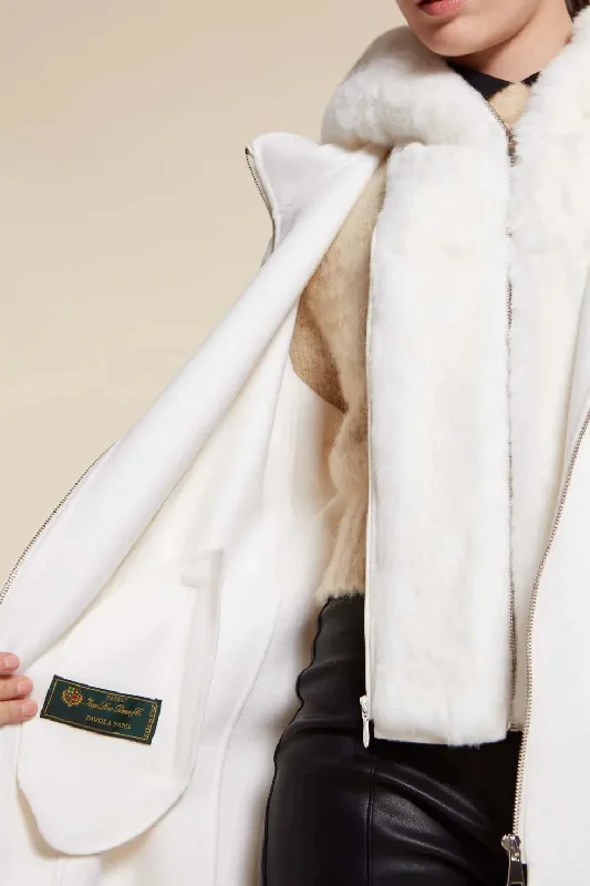 White parka with fur hood