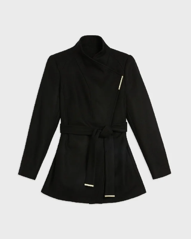 Women's Wrap Short Style Black Wool Coat