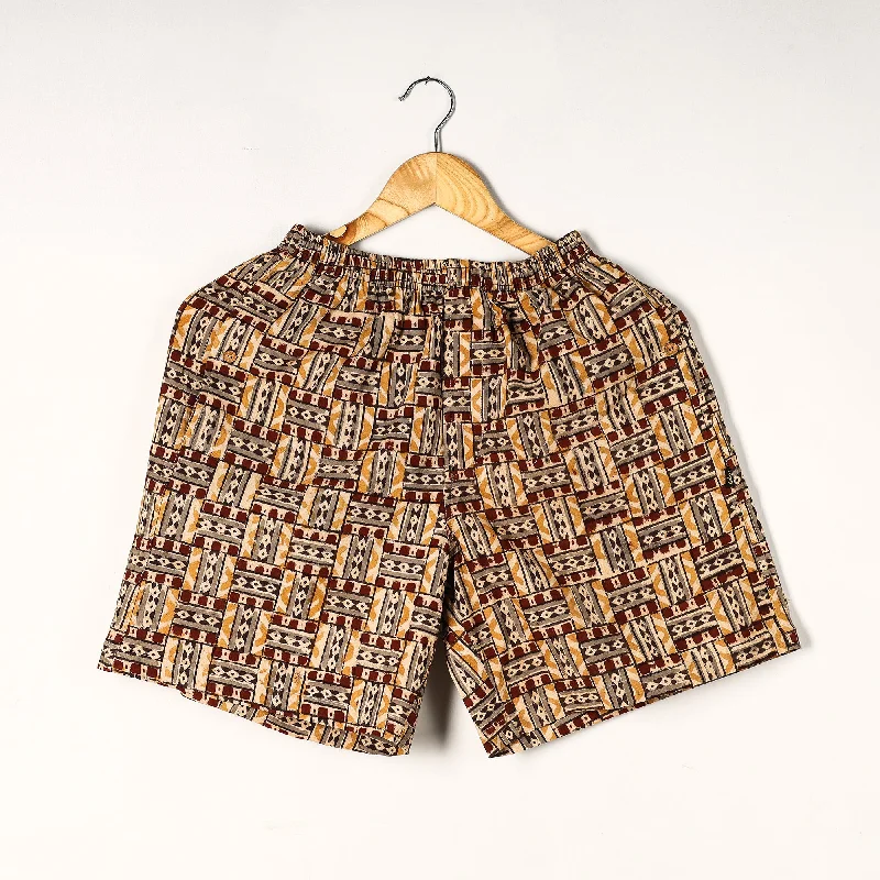 Beige - Kalamkari Block Printed Cotton Unisex Boxer/Shorts