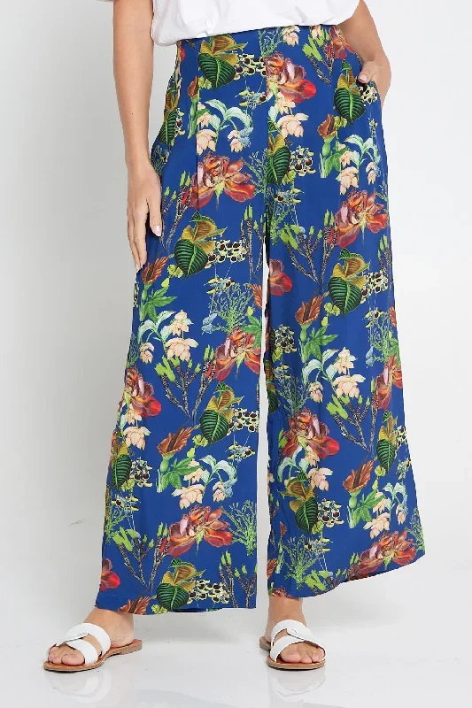 Arena Wide Leg Pants - Cobalt Blue Floral