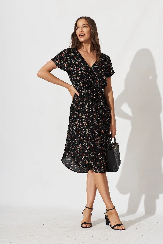 Billie Dress In Black With Multi Ditsy Floral