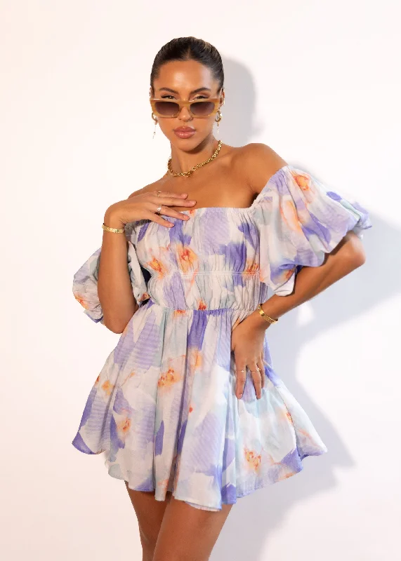 Blainey Off Shoulder Dress - Blue Watercolour