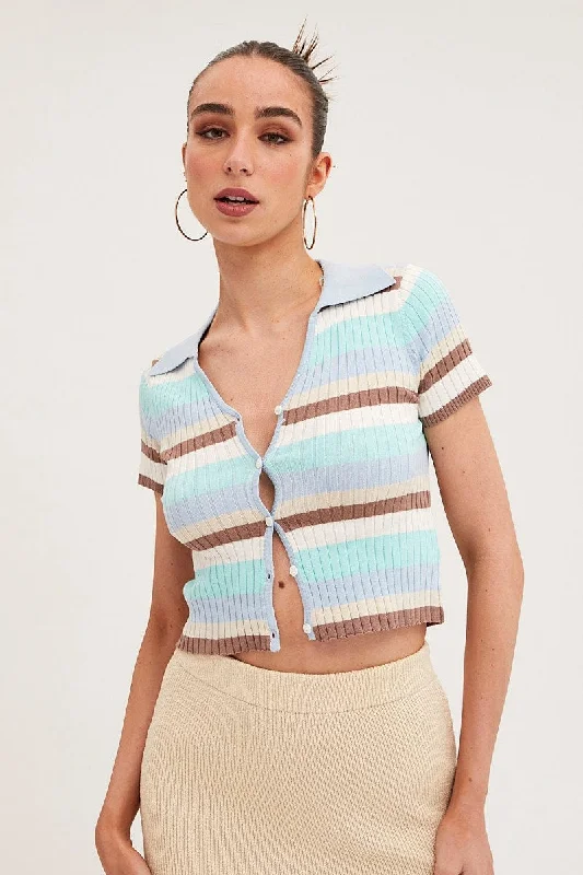 Blue Stripe Crop Cardigan Short Sleeve Knit