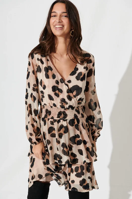 Brunetti Dress In Beige With Black Leopard Chiffon