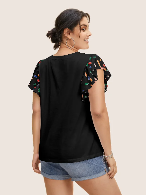 colored-brush-print-ruffle-cap-sleeve-t-shirt