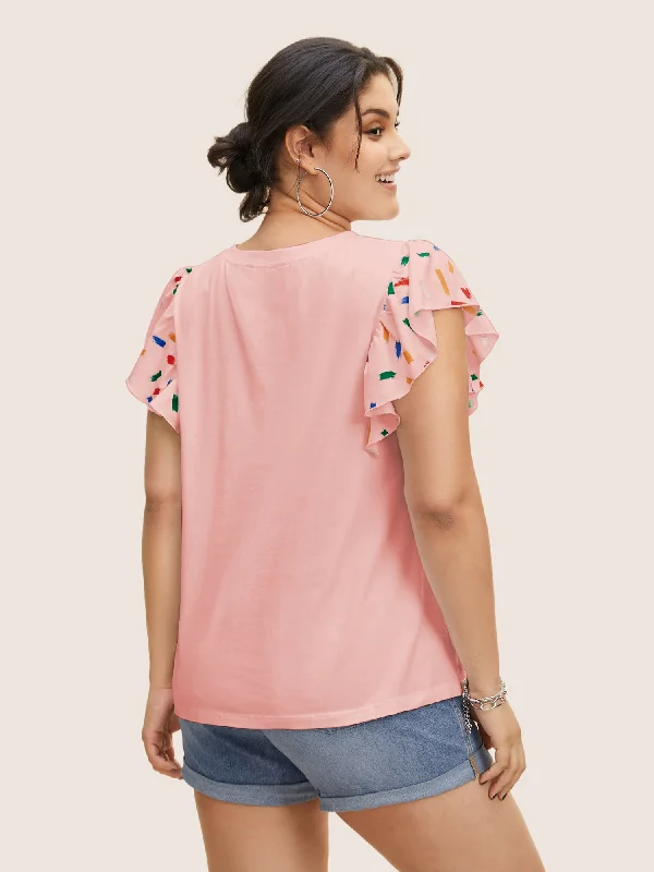 colored-brush-print-ruffle-cap-sleeve-t-shirt