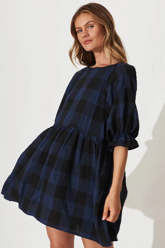 Cooper Smock Dress In Navy With Black Check