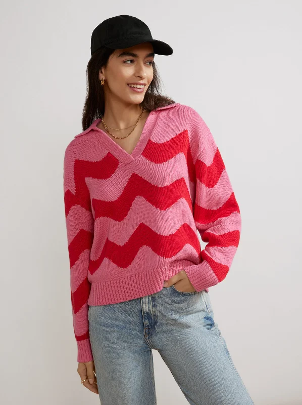 Dalia Pink And Red Wave Polo Sweater