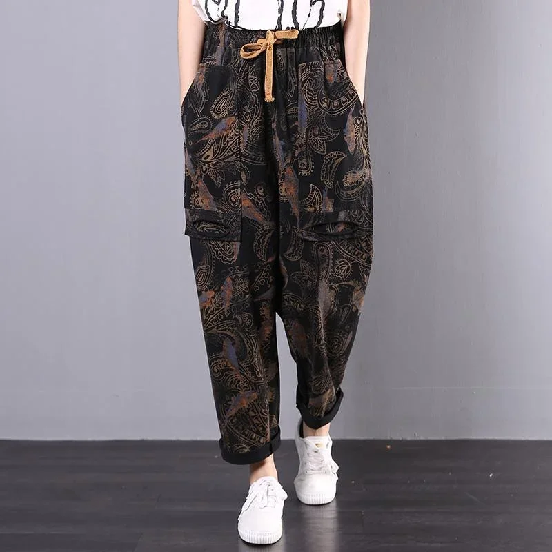 fall black prints cotton plus size pants women vintage harem pants