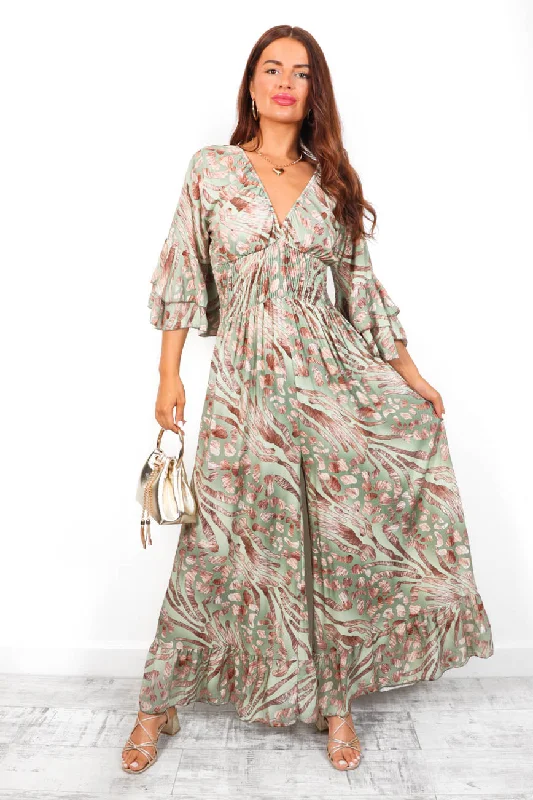 Free Spirited - Olive Beige Leopard Print Wide Leg Jumpsuit