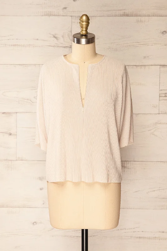 Geia Beige | Ribbed Top w/ Zipper Detail