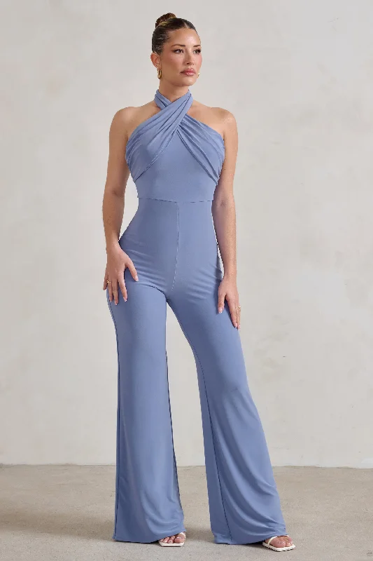 Goddess | Ice Blue Halter Neck Flare Jumpsuit