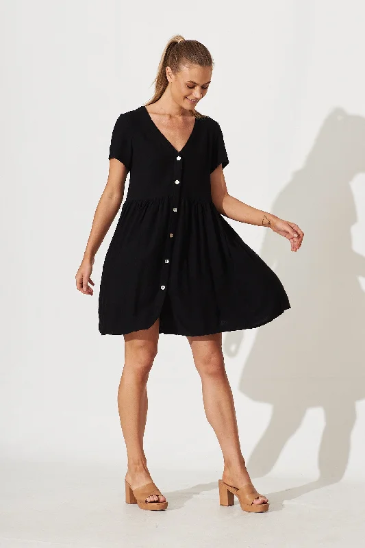 Horizon Smock Dress In Black Linen Blend