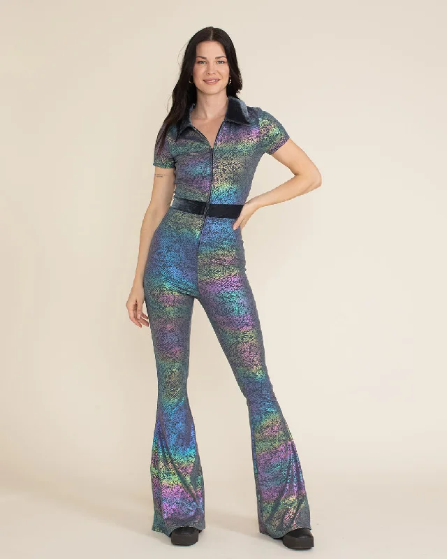 Iridescent Snakeskin Collared Foil Flare Jumpsuit | Women's