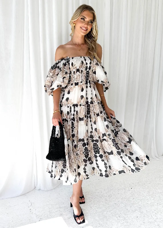 Irma Off Shoulder Midi Dress - Beige Blossom