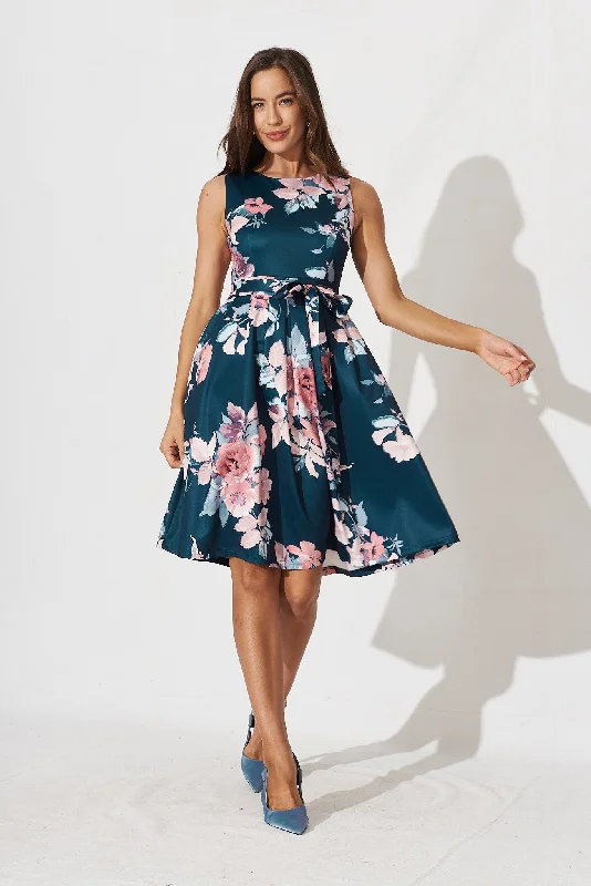 Jardin Dress In Teal With Blush Floral