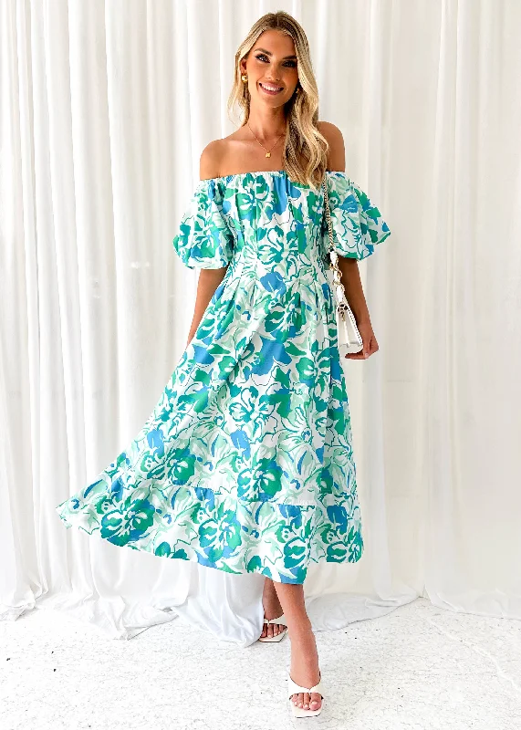 Jasmyn Off Shoulder Midi Dress - Mint Hibiscus