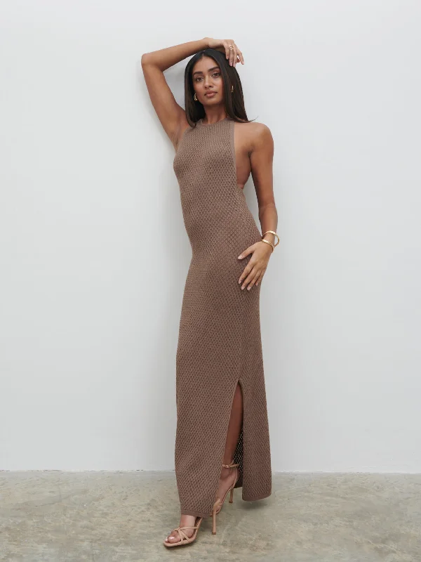 Jenna Halter Neck Knit Midaxi Dress - Brown