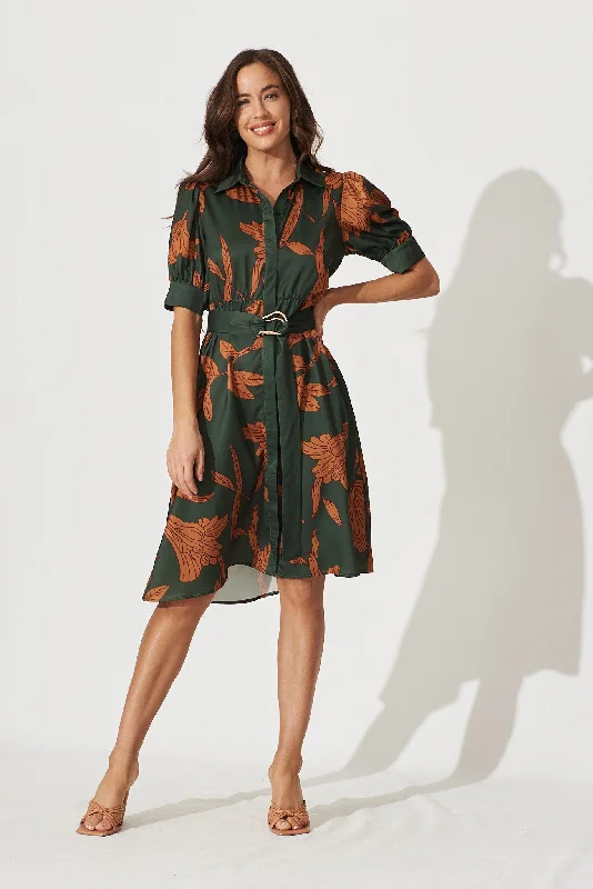 Kristel Shirt Dress In Khaki With Rust Leaf Print Satin