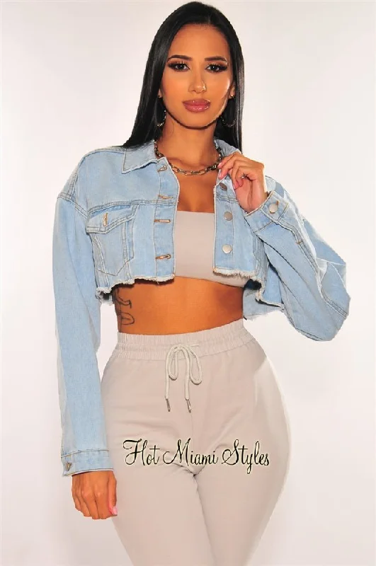 Light Denim Long Sleeve Destroyed Back Cropped Jacket