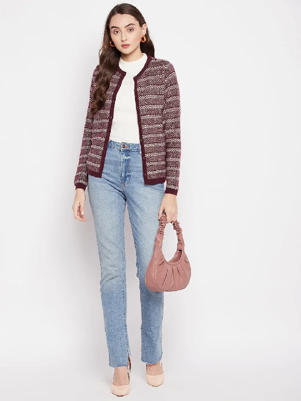 MADAME Wine Striped Cardigan