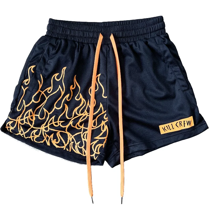 MUAY THAI FLAME SHORTS (MID THIGH CUT) - BLACK / NEON ORANGE