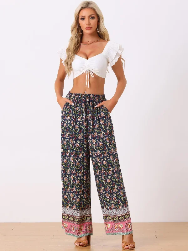 Boho Floral Beach Elastic Waist Palazzo Wide Leg Pockets Pants