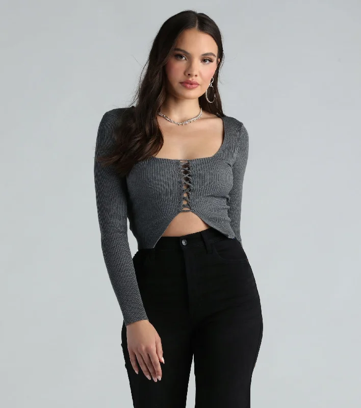 Cute Flair Lace-Up Sweater Crop Top