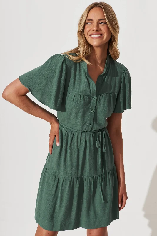 Rosemary Smock Dress In Green Linen Blend