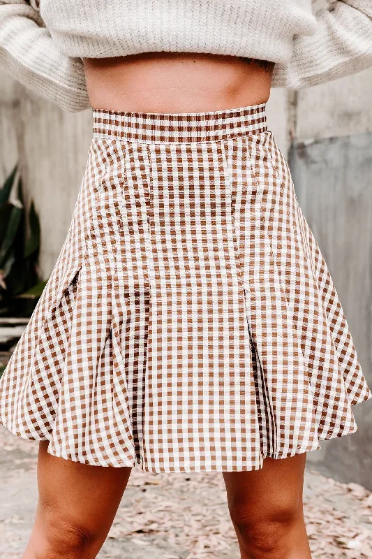 Schooled Ya Gingham Flared Mini Skirt (Brown)