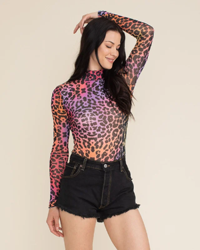 Sunset Leopard Mesh Long Sleeve Bodysuit | Women's