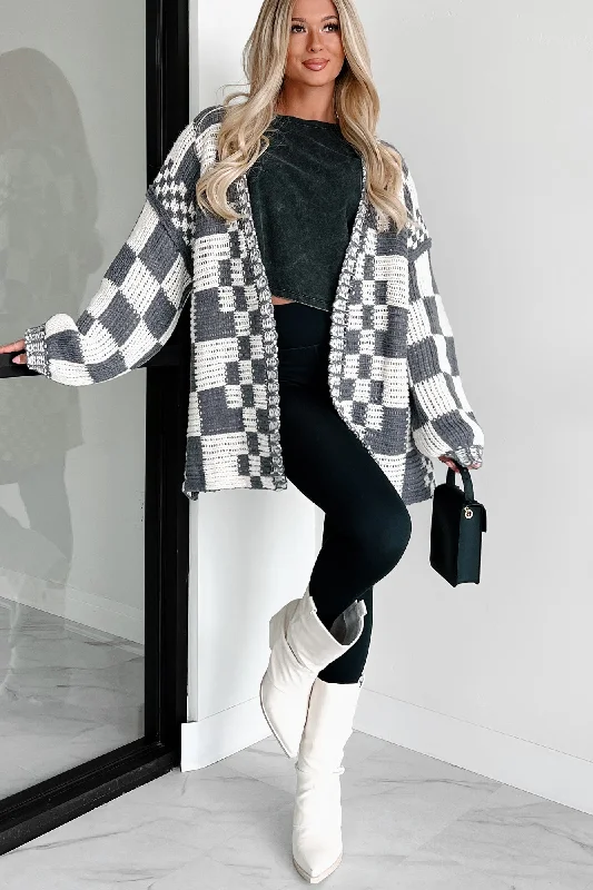 Surrounded By Comfort Oversized Checkered Print Cardigan (Charcoal Combo)