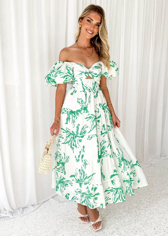 Telia Off Shoulder Midi Dress - Green Flowers