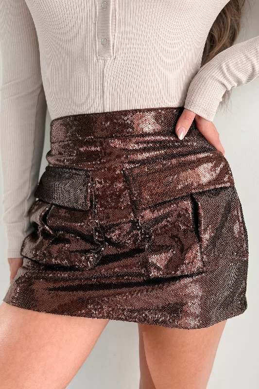 We Like To Party Sequin Cargo Mini Skirt (Brown)